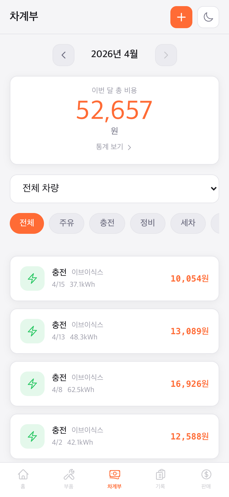 차계부 - 전기차 충전 비용과 월별 통계
